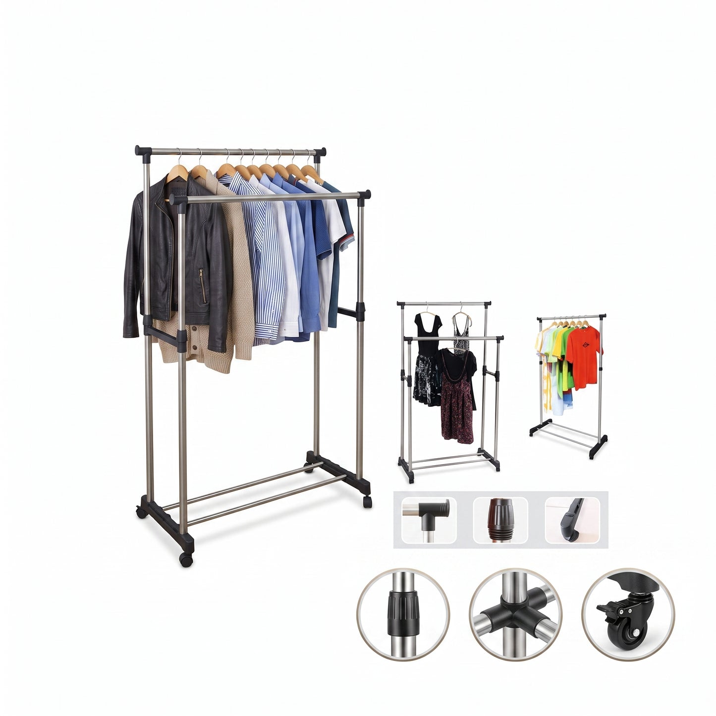 Porte-vêtements télescopique double pôle Avec Roues 30kg
