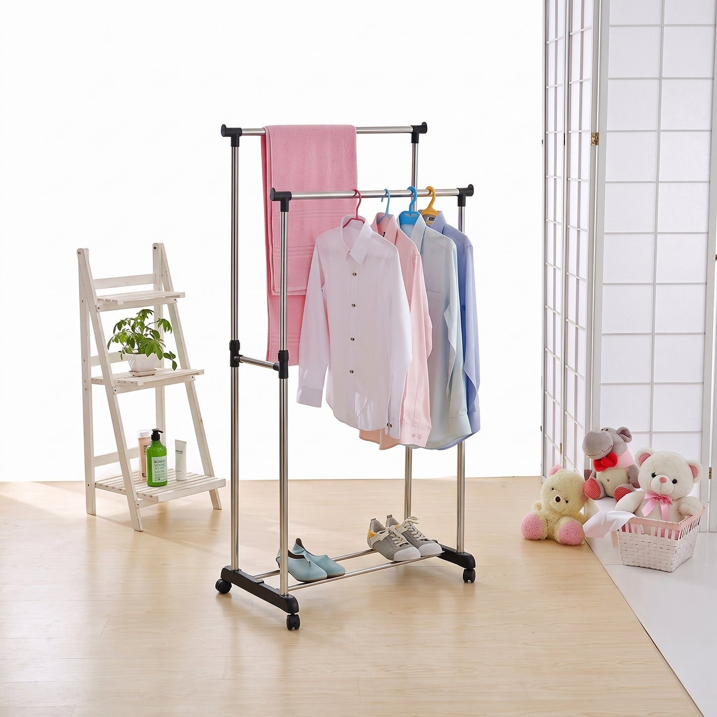 Porte-vêtements télescopique double pôle Avec Roues 30kg
